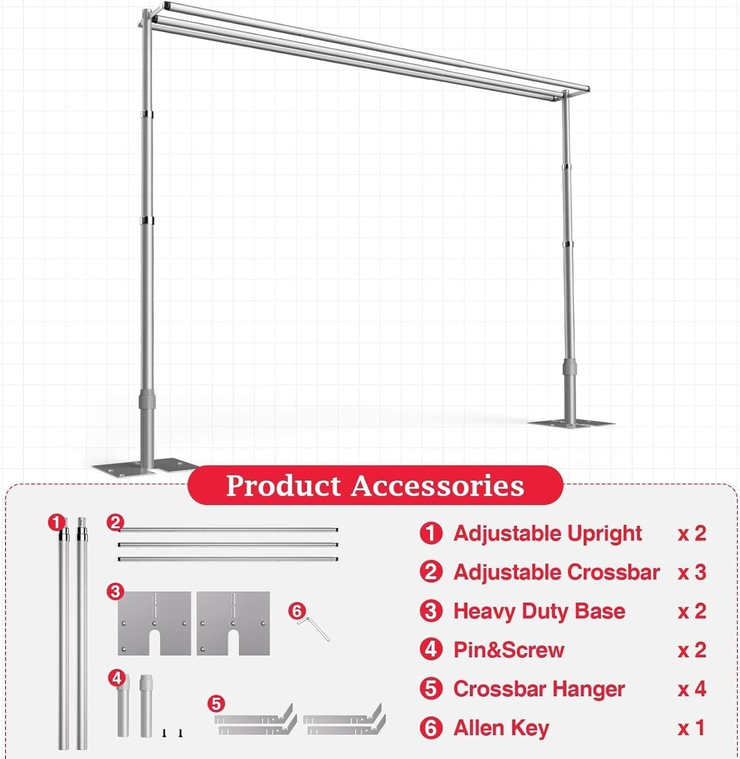 Backdrop Stand Heavy Duty 3Mx3M Three Crossbar Pipe and Drape Background Support Kit, Adjustable Metal Frame for Wedding, Birthday, Party Decorations - Sliver