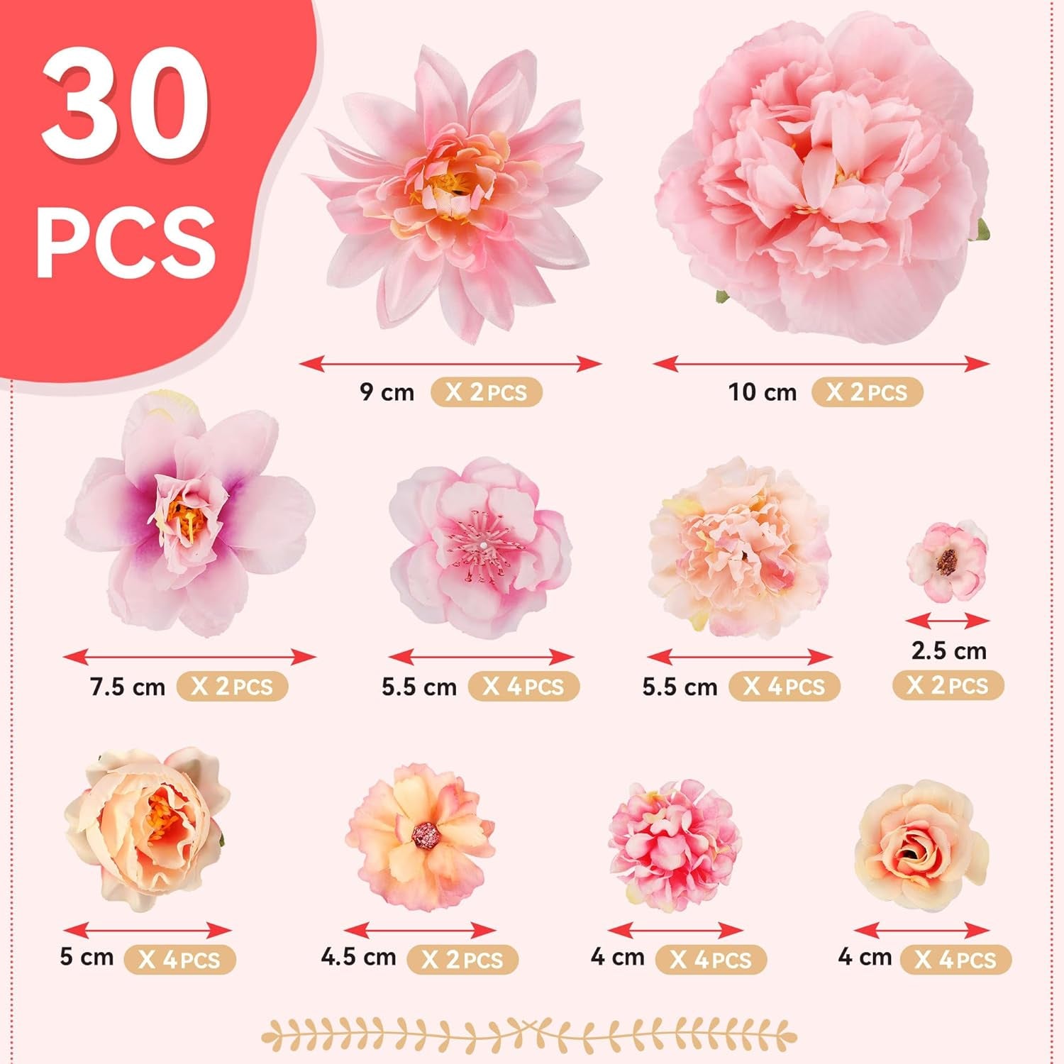 30 PCS Artificial Flowers Heads for Decoraiton, Faux Flower Heads for Cake Decorations Crafting Wedding Party Hair Accessory Home Décor, Pink Peony Roses Hydrangea