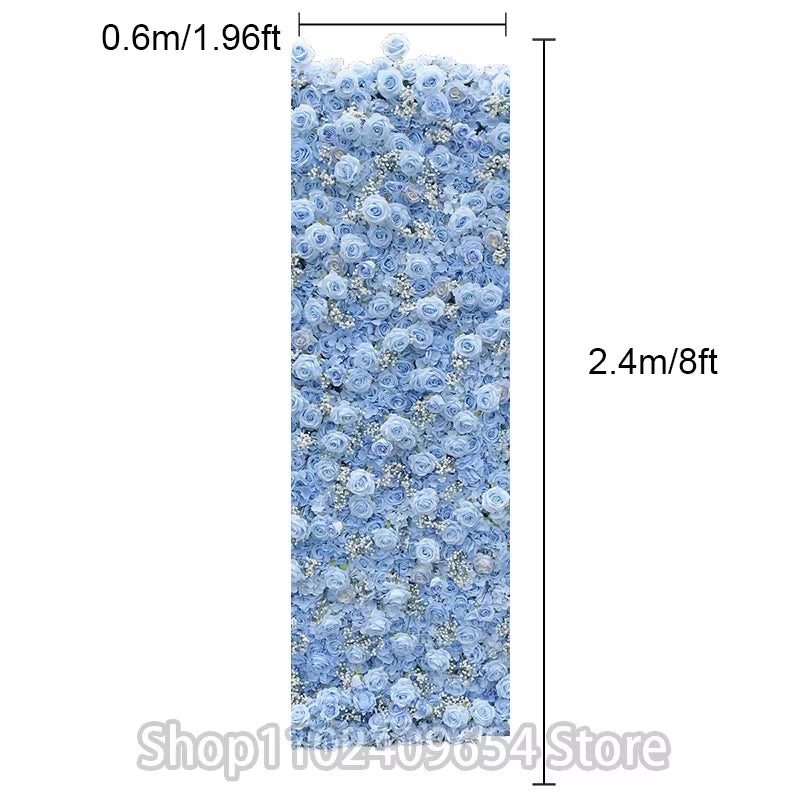 Luxury Blue Series Rose Hydrangea Babysbreath 5D Roll up Cloth Flower Wall Wedding Backdrop Milan Turf Plant Wall Event Props
