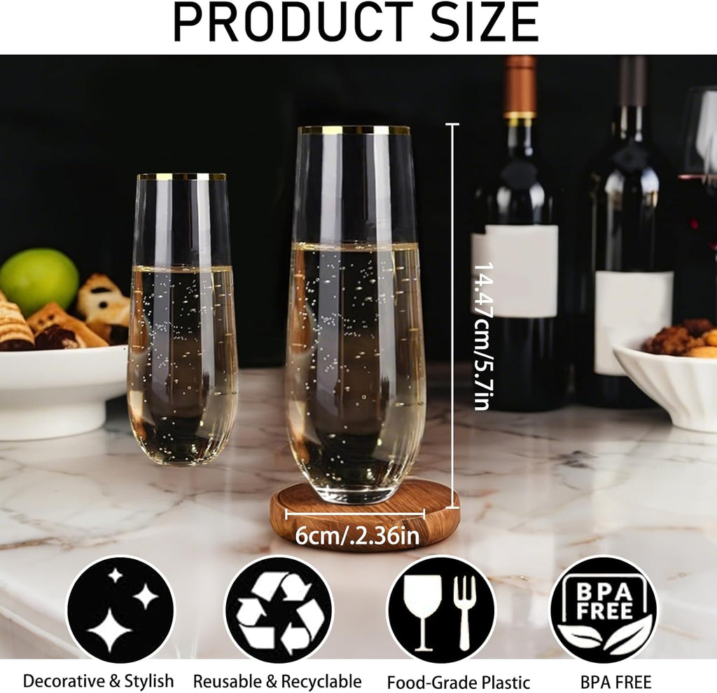 Plastic Champagne Flutes 25 Packs Champagne Flutes Plastic with Gold Rimmed, 270Ml/9.13Oz Stemless Wine Glasses Champagne Glasses for New Year Party Wedding Halloween Christmas Birthday Party