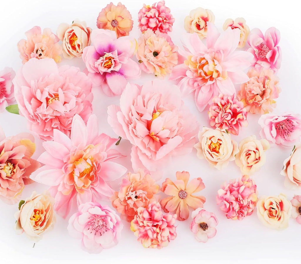 30 PCS Artificial Flowers Heads for Decoraiton, Faux Flower Heads for Cake Decorations Crafting Wedding Party Hair Accessory Home Décor, Pink Peony Roses Hydrangea