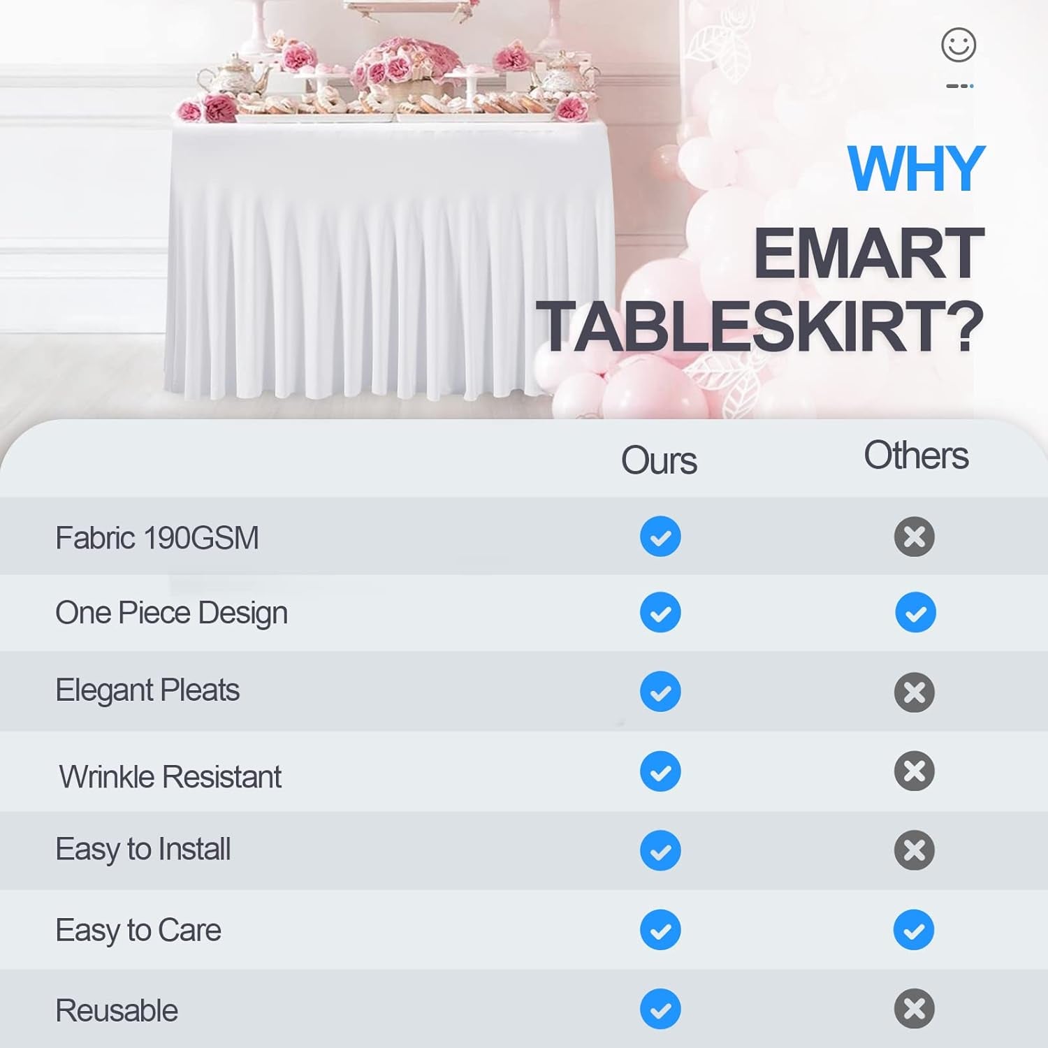 Table Skirt for Rectangle Tables 6Ft, White Spandex Tablecloth Cover for Banquet Wedding Birthday Party