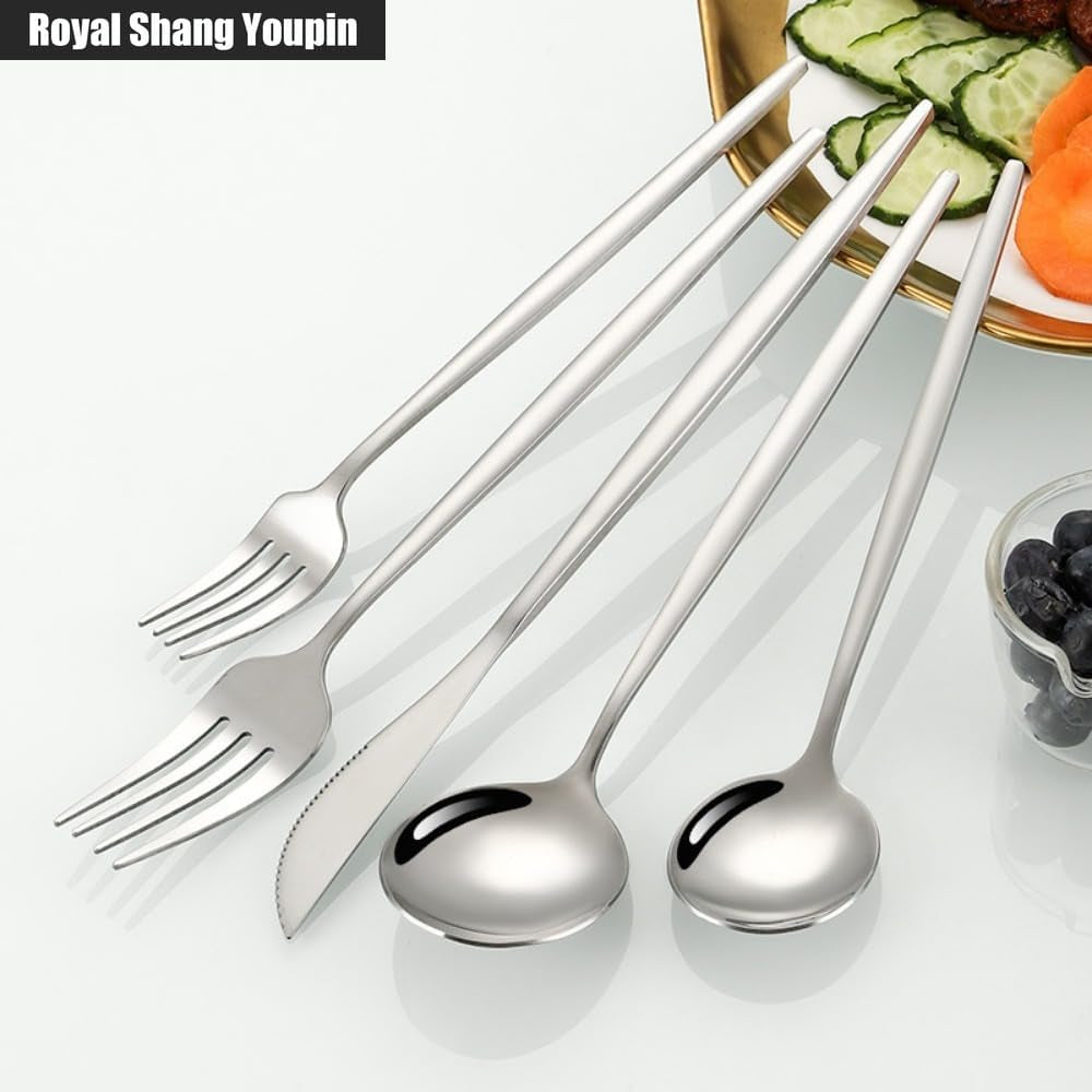 Solid Pointed Handle Kitchen Stainless Steel Silverware Tableware Flatware Cutlery Set Steak Knife Fork Spoon (Gold,20 Pieces)