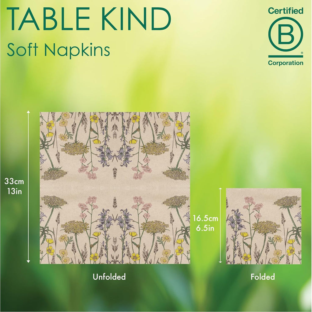 Table Kind 100 X Soft Recycled Paper Napkins, 2Ply, 33Cm Wildflower Floral Napkins for Mother'S Day Disposable Party Serviettes for Easter Weddings Eco-Friendly, Kraft Unbleached Home Compostable