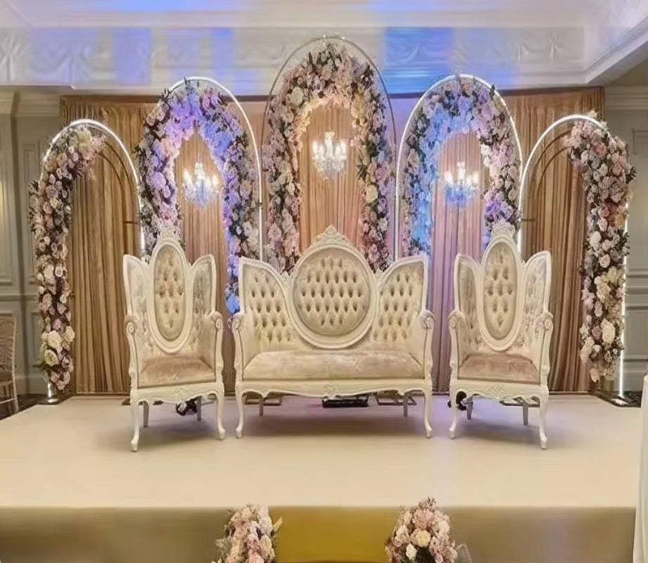 Transform Your Wedding with a 5-Piece Shiny Gold Arch Frame Set for Stunning Backdrops and Floral Displays