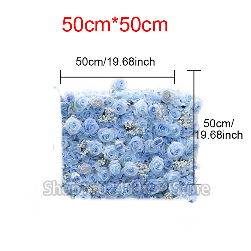 Luxury Blue Series Rose Hydrangea Babysbreath 5D Roll up Cloth Flower Wall Wedding Backdrop Milan Turf Plant Wall Event Props