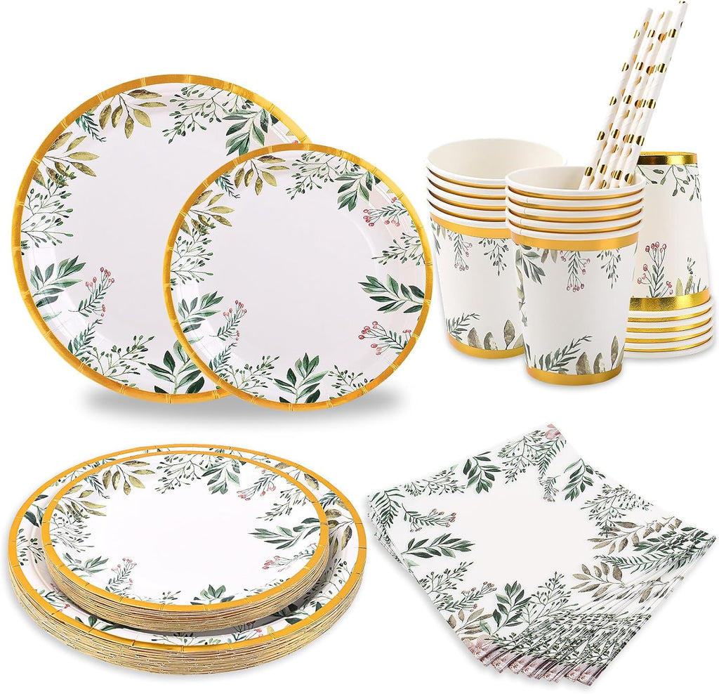 Green Paper Plate Set for 25 Guests, 125PCS Sage Green Gold Party Tableware - 9'' Dinner Plates, 7'' Side Plates, Disposable Cups, Straws, Napkins