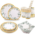 Green Paper Plate Set for 25 Guests, 125PCS Sage Green Gold Party Tableware - 9'' Dinner Plates, 7'' Side Plates, Disposable Cups, Straws, Napkins