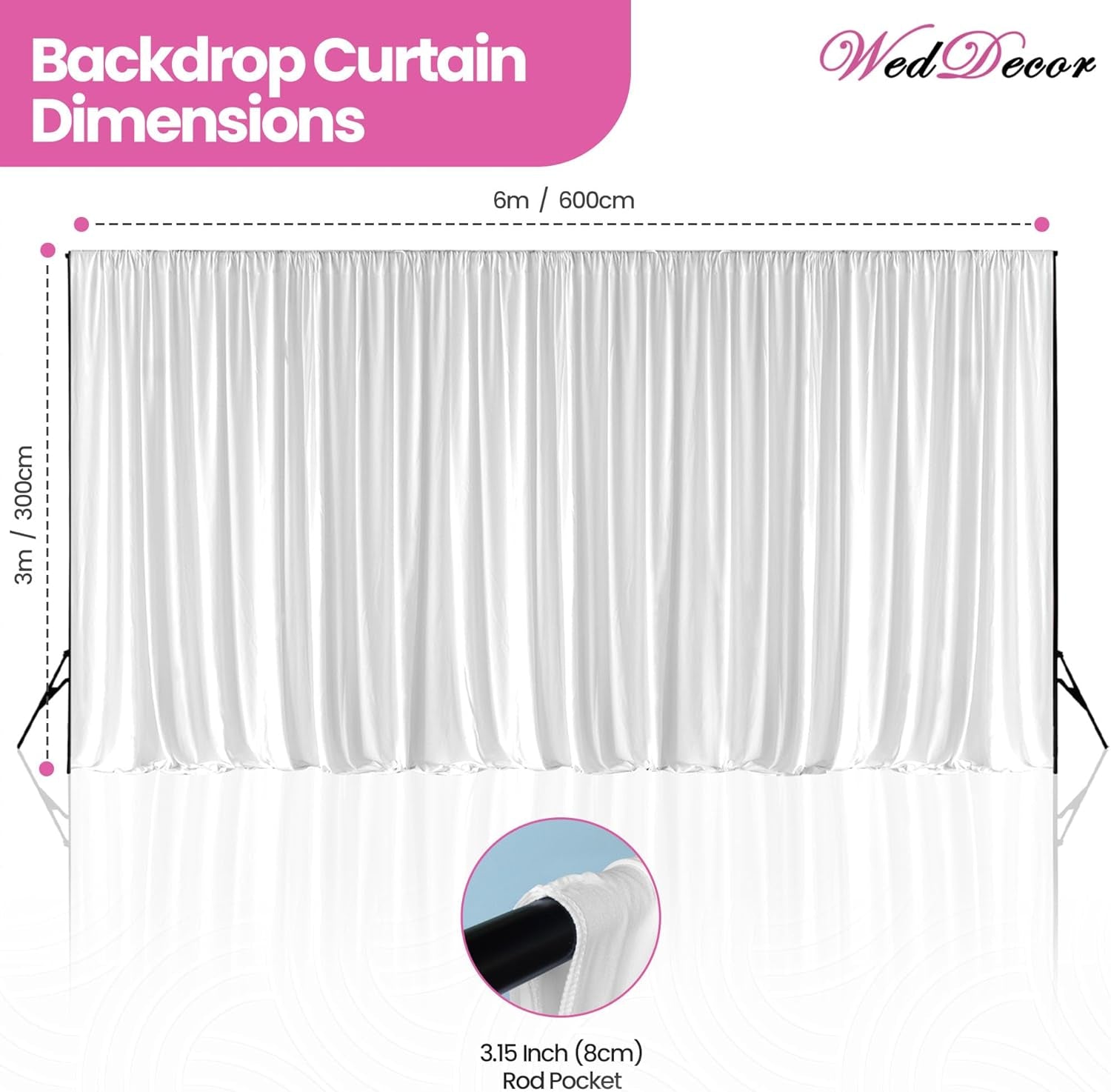 Pleated White Silk Backdrops Decorative Curtain Background 150GSM Fabric Backdrop for Christmas, Weddings, Parties, Events, Photography, 3 Metres X 6 Metres