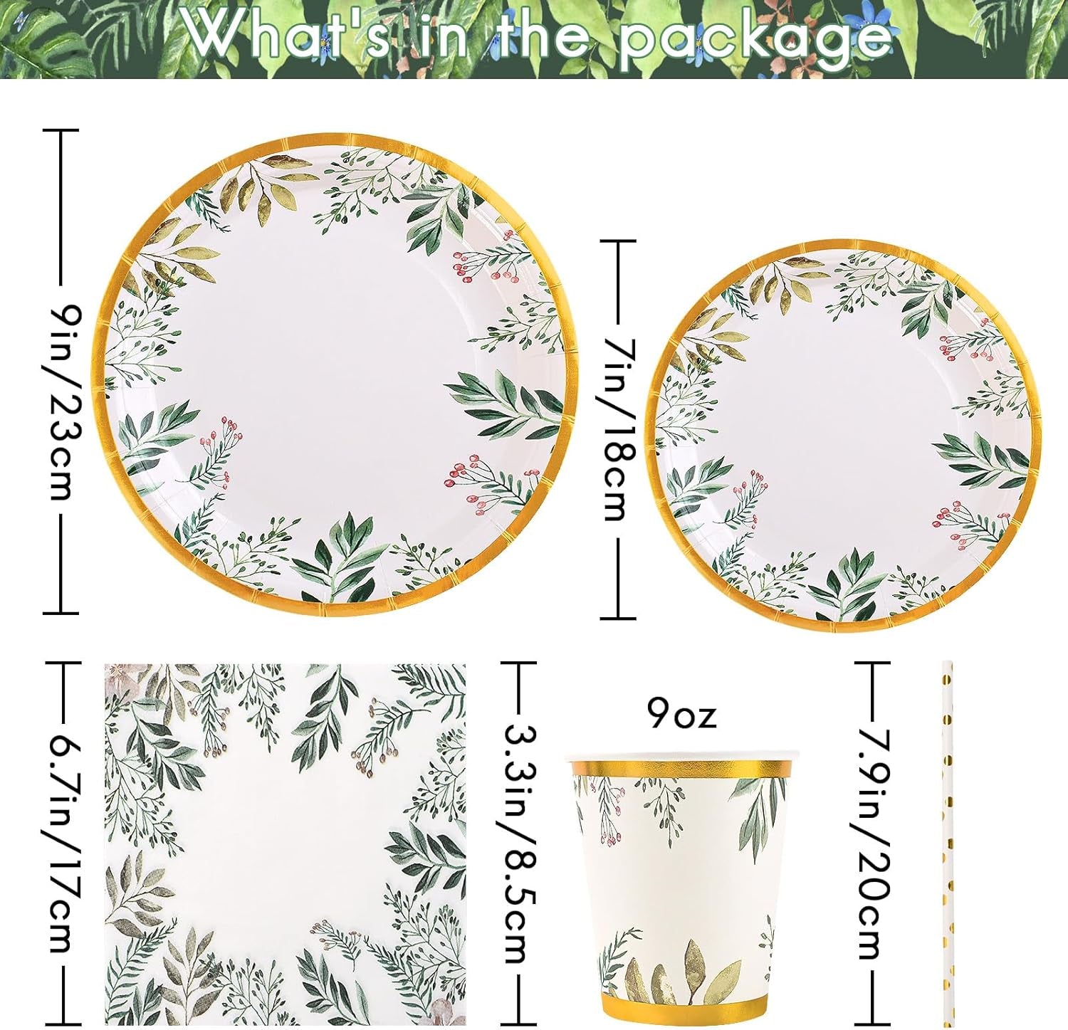 Green Paper Plate Set for 25 Guests, 125PCS Sage Green Gold Party Tableware - 9'' Dinner Plates, 7'' Side Plates, Disposable Cups, Straws, Napkins