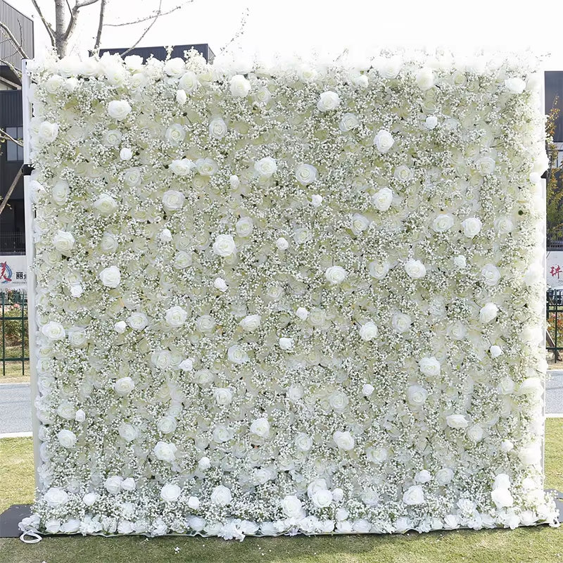 Luxury Blue Series Rose Hydrangea Babysbreath 5D Roll up Cloth Flower Wall Wedding Backdrop Milan Turf Plant Wall Event Props