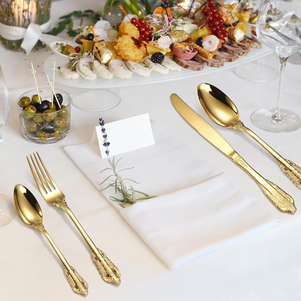 Royal Golden Cutlery Set, 24 Piece Silverware Set Flatware Set for 6 People, Palace Style Mirror Polished Dishwasher Safe Knife Fork Spoon Cutlery for Home Banquet Catering
