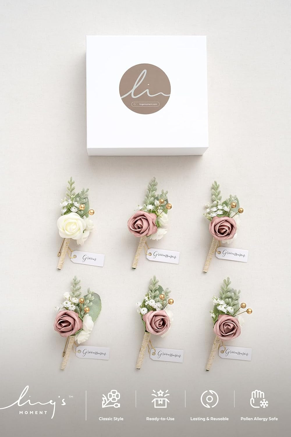 Boutonniere for Men, 6Pcs Groom Groomsmen Boutonniere, Artificial Flowers for Wedding Decor/Prom/Homecoming, Etc.Pink Dusty Rose