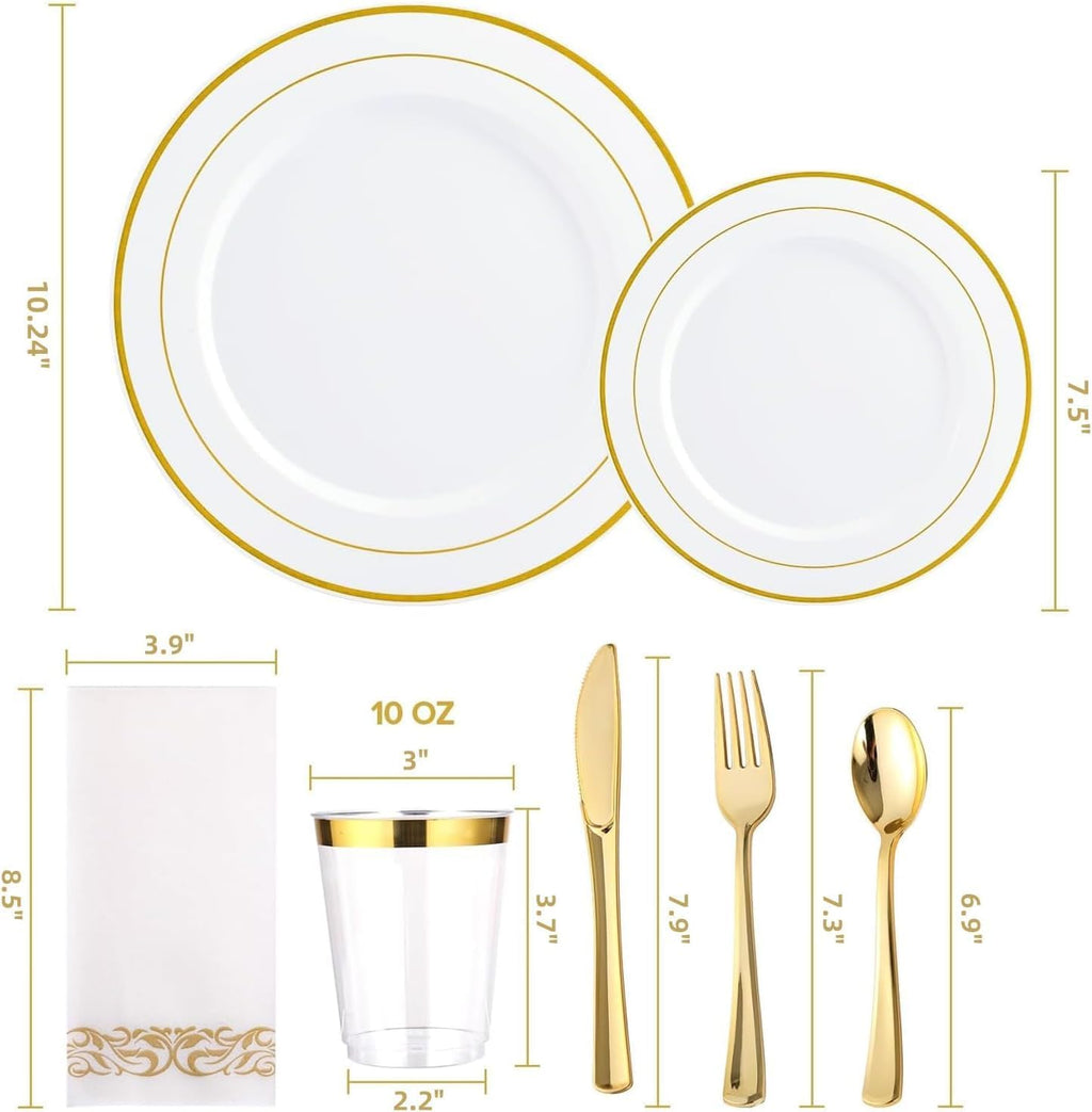 25 Guests Dinnerware Set, 175Pcs Reusable Party Dinner Plates Set, Include: 25 Salad Plates, 25 Dinner Plates, 75 Silverware(25 Forks, Knives, Spoons), 25 Napkins, 25 Cups