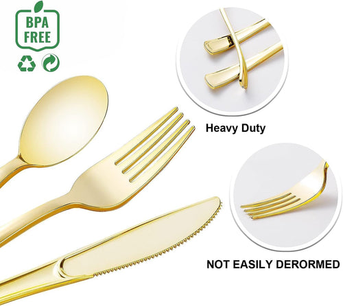 120 Pack Gold Plastic Cutlery Set, Including 40 Forks, 40 Knives, 40 Spoons, Reusable Heavy Duty Plastic Silverware Set for Christmas Weddings, Birthday, Parties, Dinners
