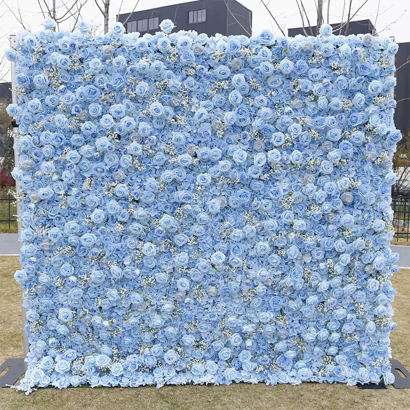 Luxury Blue Series Rose Hydrangea Babysbreath 5D Roll up Cloth Flower Wall Wedding Backdrop Milan Turf Plant Wall Event Props