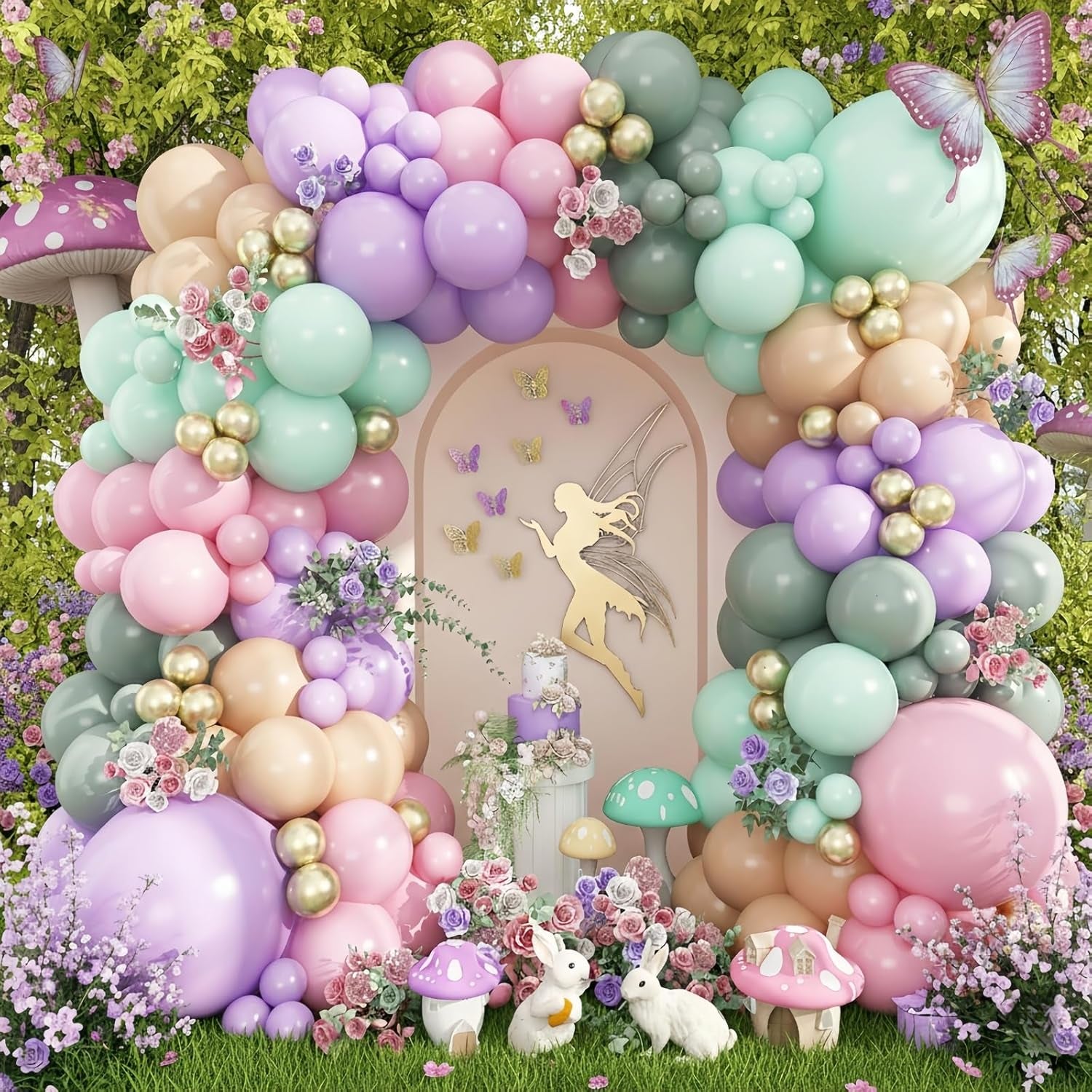 Fairy Balloon Arch Garland Kit, 125Pcs Sage Green Pink Purple and Green Gold Spring Balloons for Girl Wonderland Fairy First Birthday Baby Shower Tea Party Wedding Wildflower Party Decorations