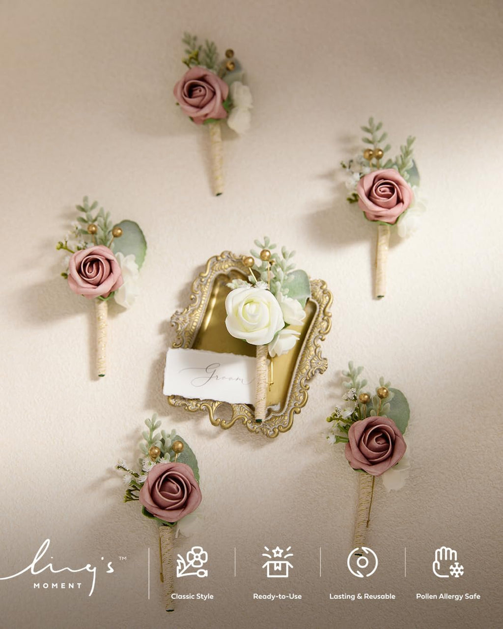 Boutonniere for Men, 6Pcs Groom Groomsmen Boutonniere, Artificial Flowers for Wedding Decor/Prom/Homecoming, Etc.Pink Dusty Rose