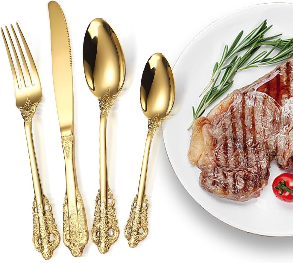 Royal Golden Cutlery Set, 24 Piece Silverware Set Flatware Set for 6 People, Palace Style Mirror Polished Dishwasher Safe Knife Fork Spoon Cutlery for Home Banquet Catering