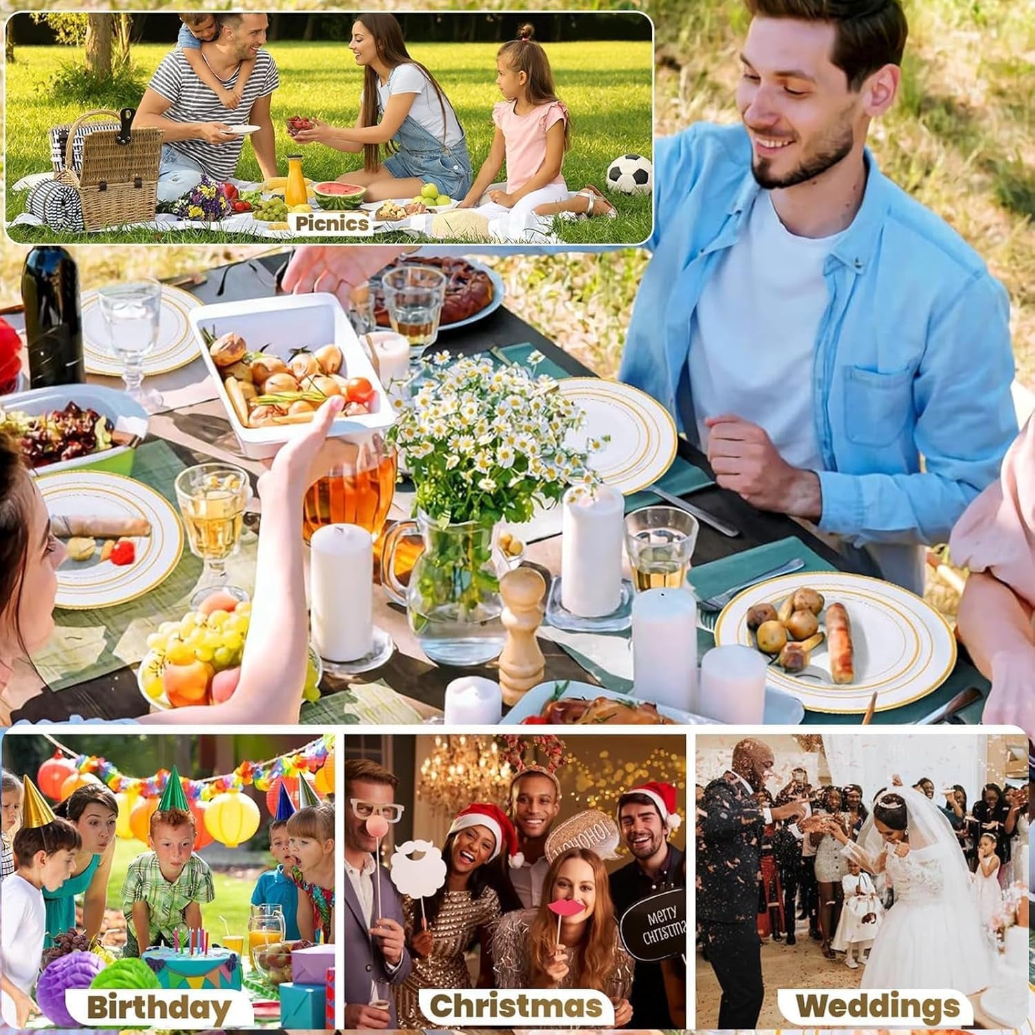 25 Guests Dinnerware Set, 175Pcs Reusable Party Dinner Plates Set, Include: 25 Salad Plates, 25 Dinner Plates, 75 Silverware(25 Forks, Knives, Spoons), 25 Napkins, 25 Cups