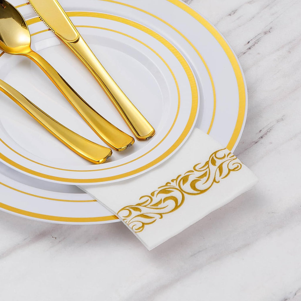 50 PCS Linen Feel Napkins,White and Gold Napkin Disposable,Paper Napkins for Bathroom, Wedding, Party, Birthday, Dinners Events,42X30Cm