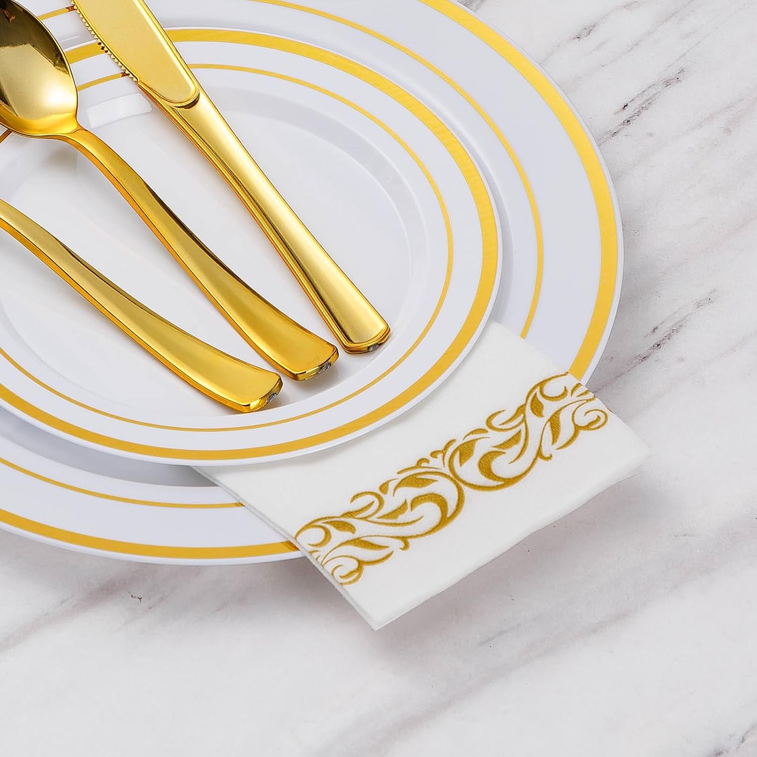 50 PCS Linen Feel Napkins,White and Gold Napkin Disposable,Paper Napkins for Bathroom, Wedding, Party, Birthday, Dinners Events,42X30Cm