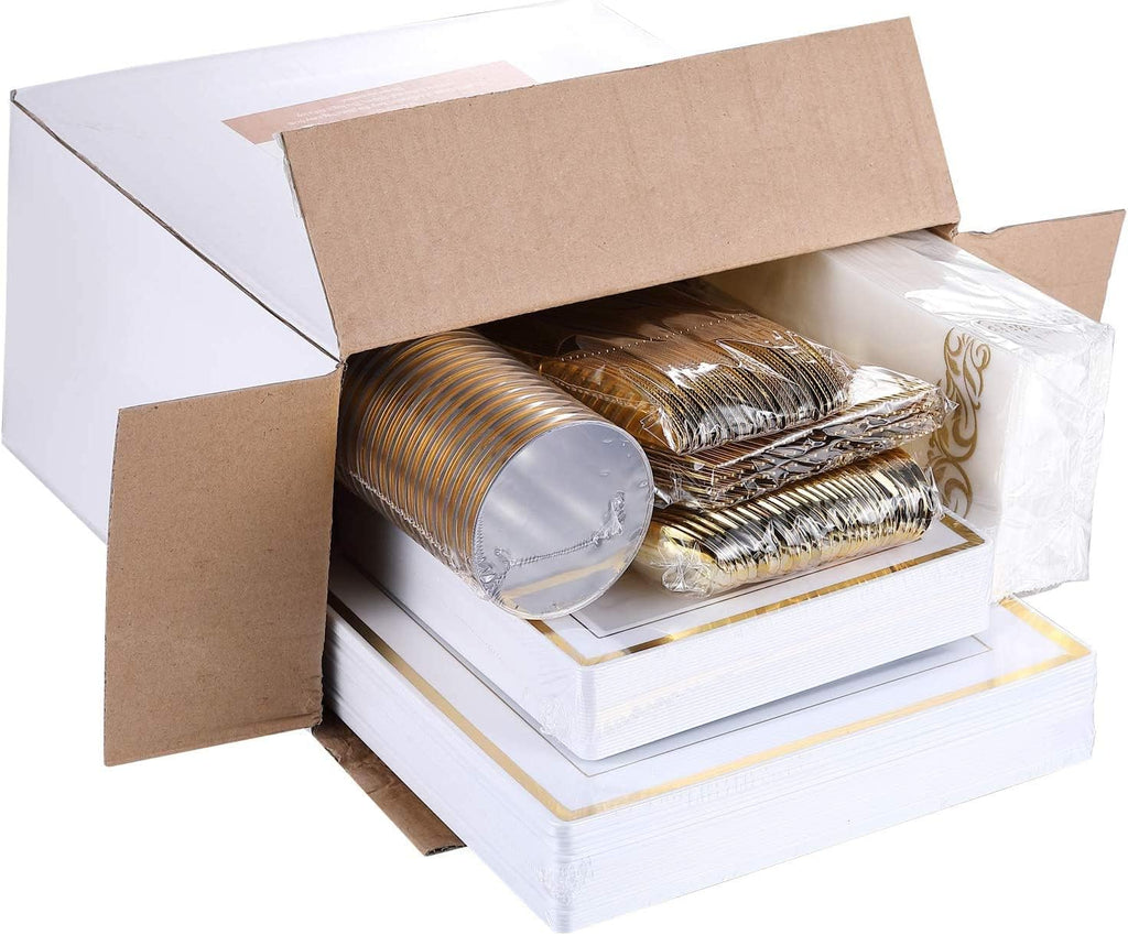 Square Dishes Plates Cups Cutlery for 25 on Special Occasions,175 Pieces of Reusable Plastic Dinnerware for Dinners, Birthdays, Valentines, Parties, Easter, Weddings, Summer Celebrations (Gold)
