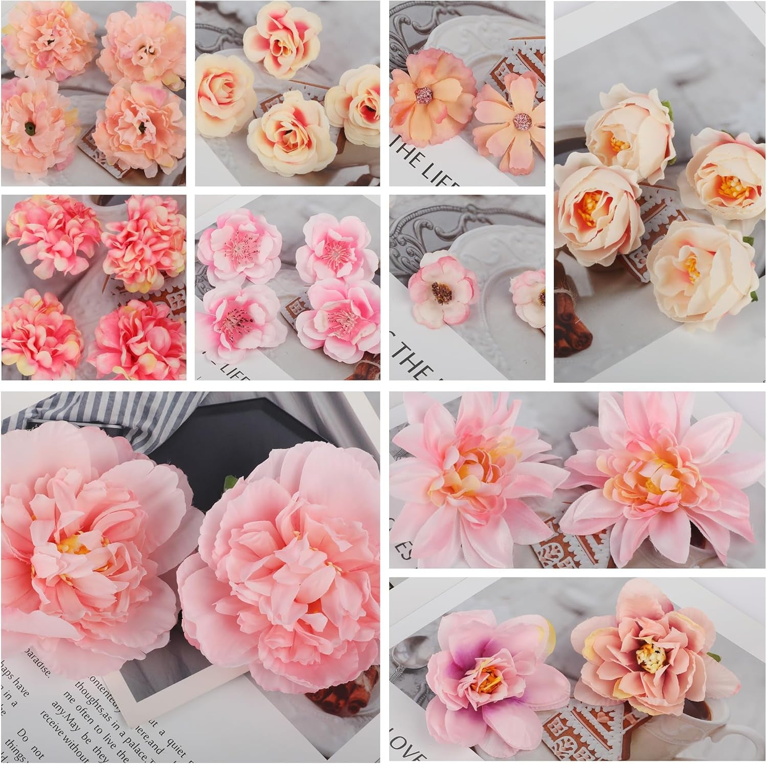 30 PCS Artificial Flowers Heads for Decoraiton, Faux Flower Heads for Cake Decorations Crafting Wedding Party Hair Accessory Home Décor, Pink Peony Roses Hydrangea