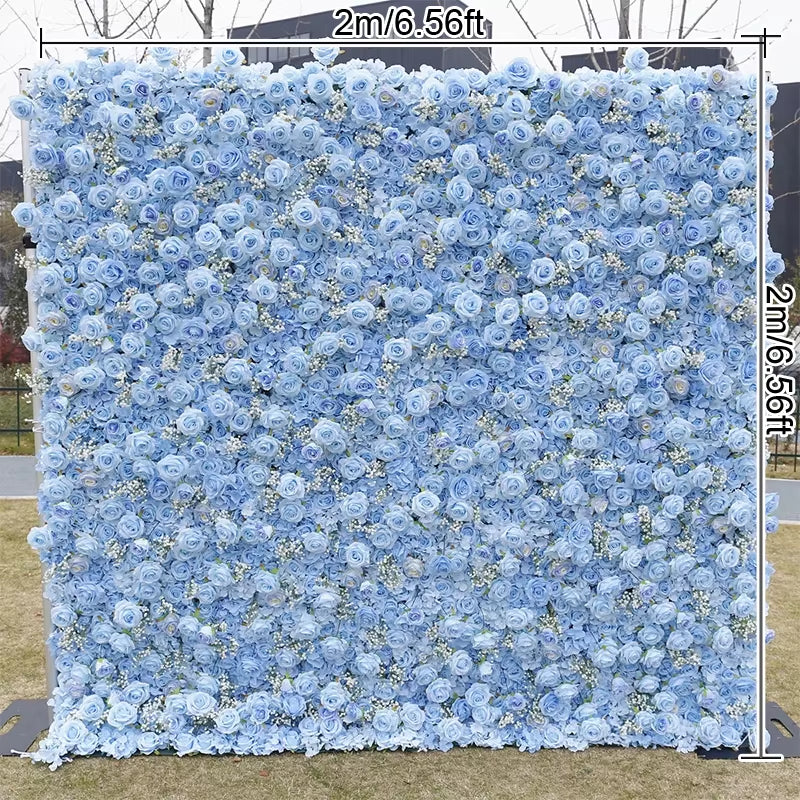 Luxury Blue Series Rose Hydrangea Babysbreath 5D Roll up Cloth Flower Wall Wedding Backdrop Milan Turf Plant Wall Event Props