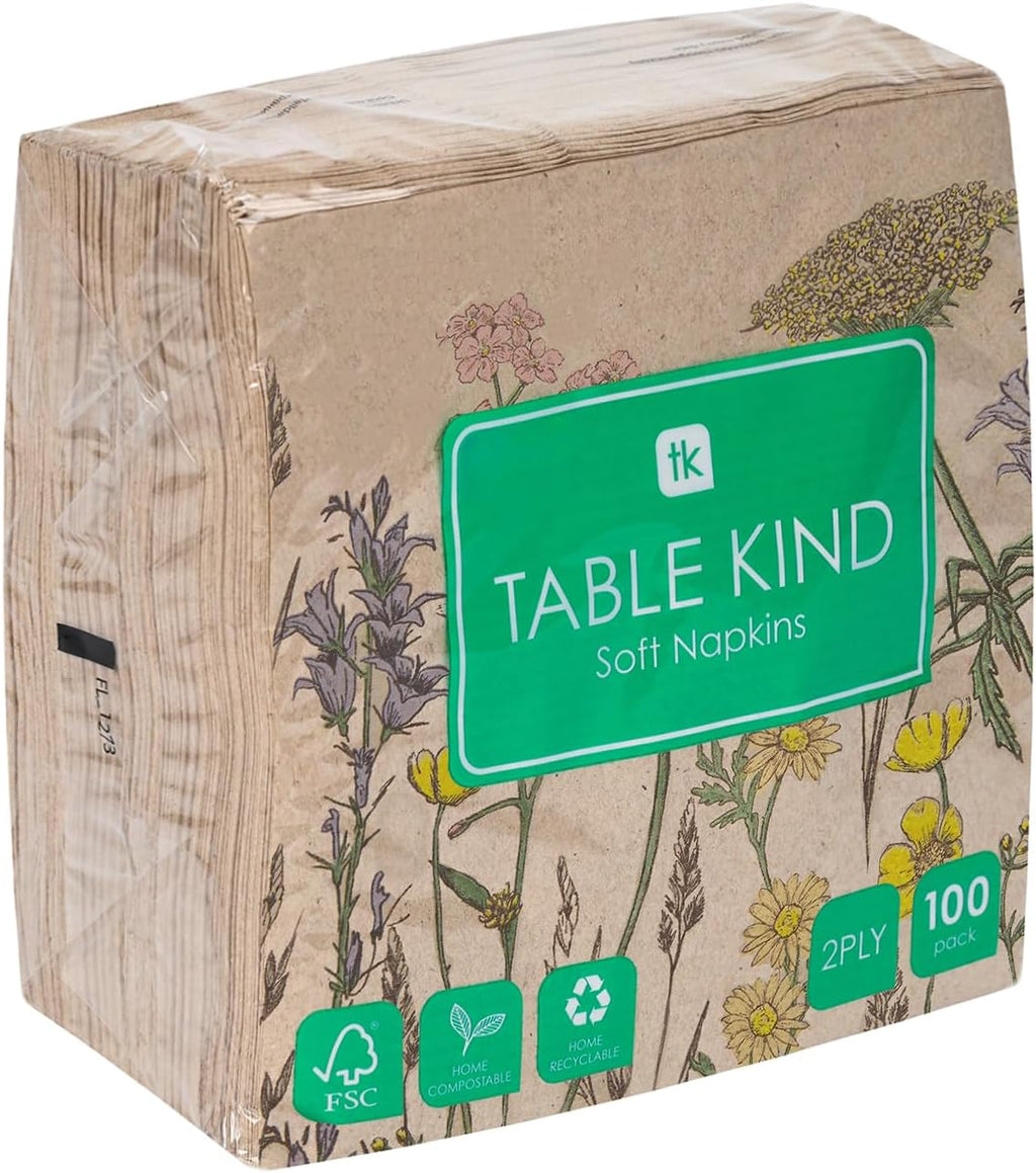 Table Kind 100 X Soft Recycled Paper Napkins, 2Ply, 33Cm Wildflower Floral Napkins for Mother'S Day Disposable Party Serviettes for Easter Weddings Eco-Friendly, Kraft Unbleached Home Compostable