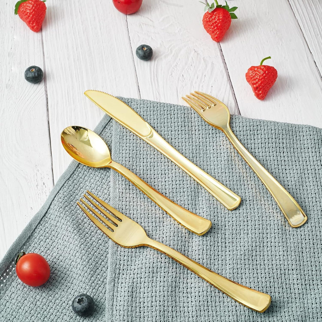 120 Pack Gold Plastic Cutlery Set, Including 40 Forks, 40 Knives, 40 Spoons, Reusable Heavy Duty Plastic Silverware Set for Christmas Weddings, Birthday, Parties, Dinners