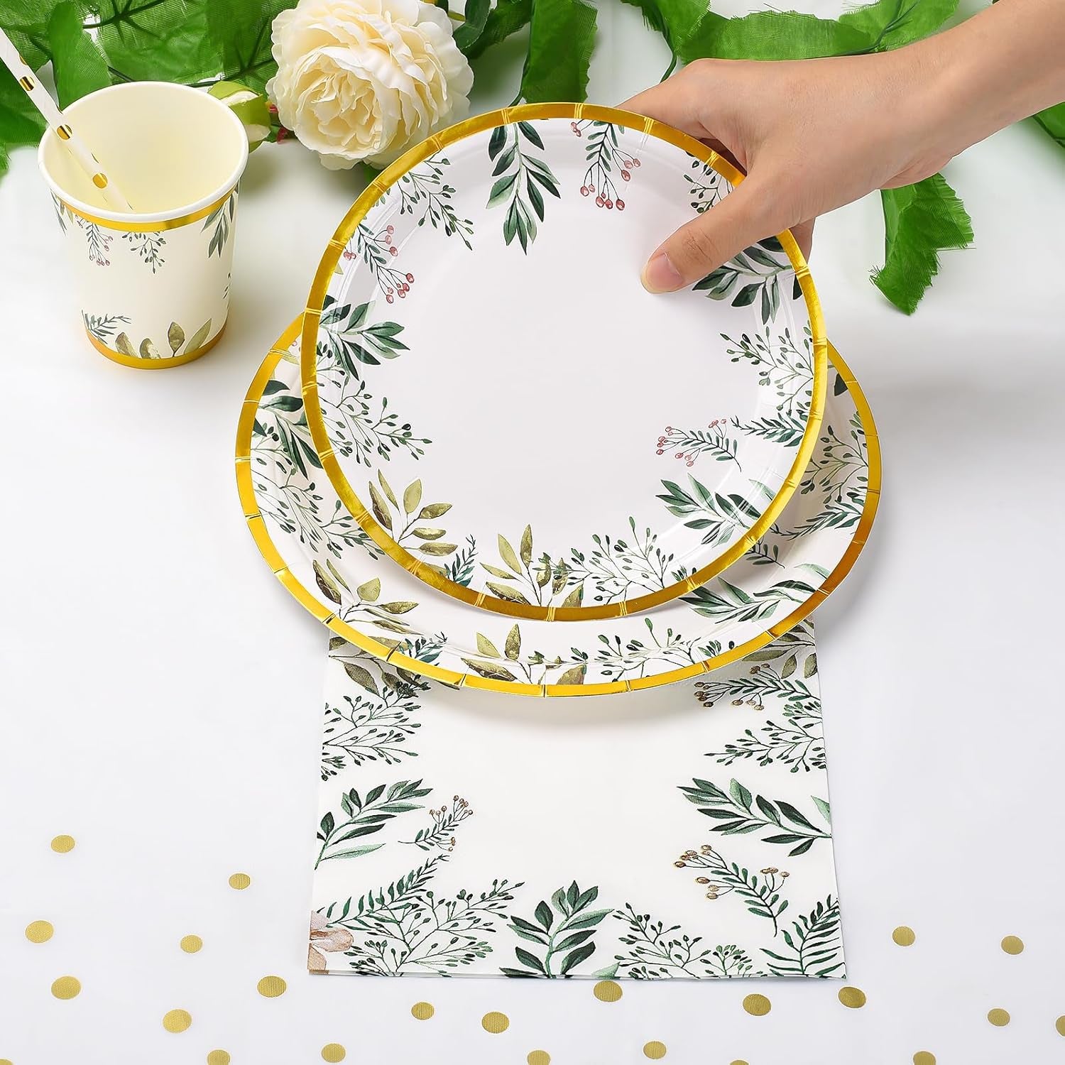 Green Paper Plate Set for 25 Guests, 125PCS Sage Green Gold Party Tableware - 9'' Dinner Plates, 7'' Side Plates, Disposable Cups, Straws, Napkins