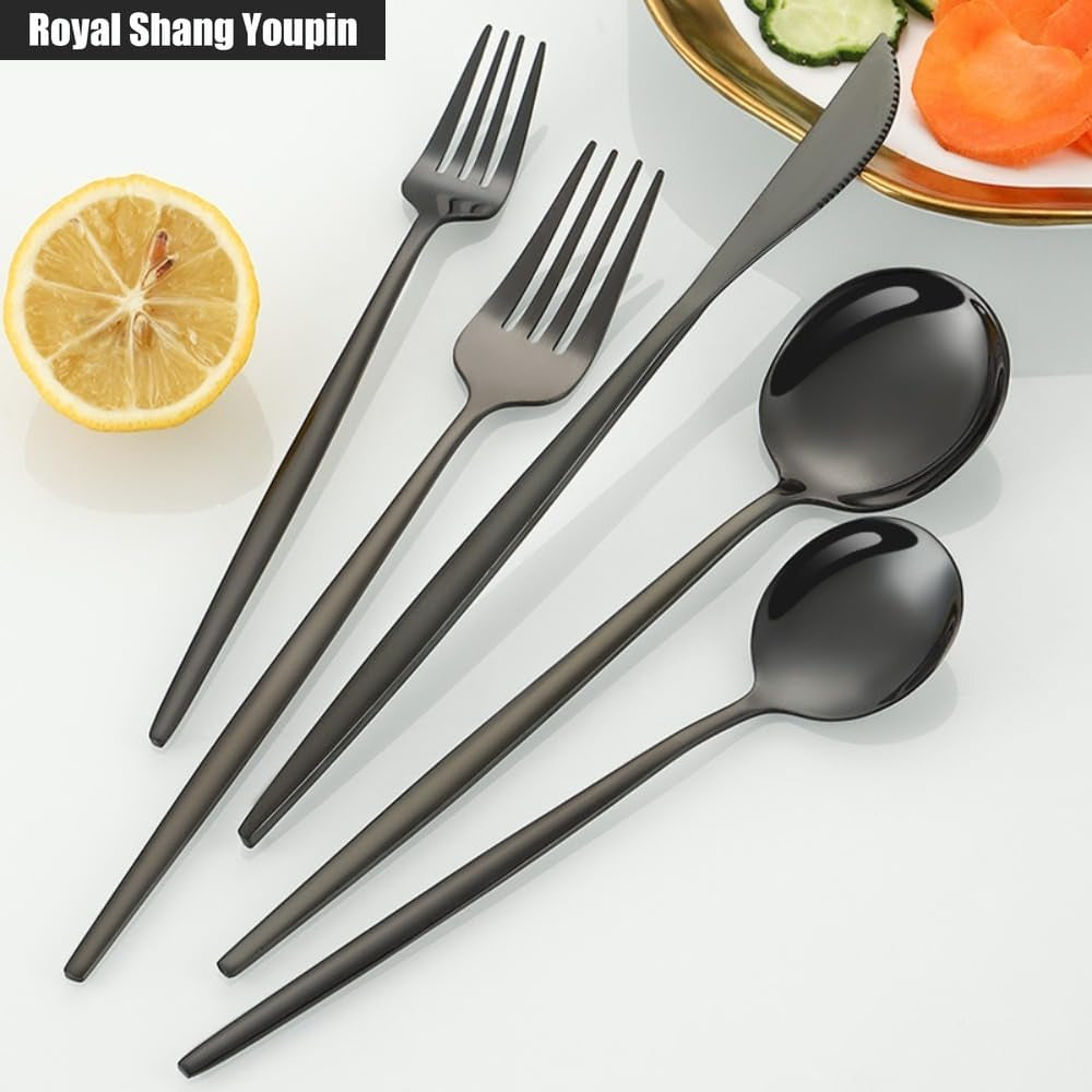 Solid Pointed Handle Kitchen Stainless Steel Silverware Tableware Flatware Cutlery Set Steak Knife Fork Spoon (Gold,20 Pieces)