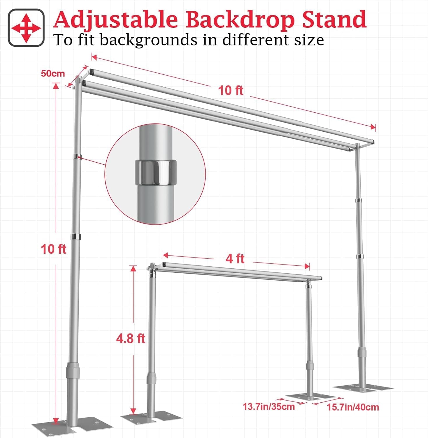 Backdrop Stand Heavy Duty 3Mx3M Three Crossbar Pipe and Drape Background Support Kit, Adjustable Metal Frame for Wedding, Birthday, Party Decorations - Sliver