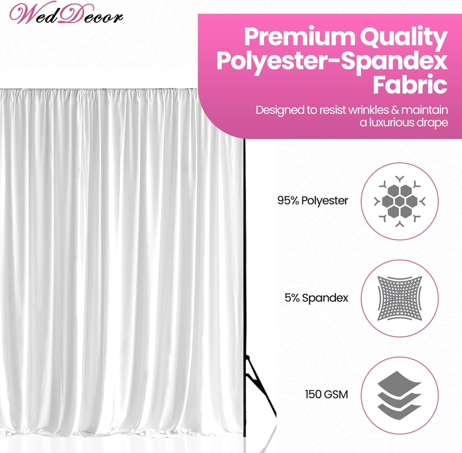 Pleated White Silk Backdrops Decorative Curtain Background 150GSM Fabric Backdrop for Christmas, Weddings, Parties, Events, Photography, 3 Metres X 6 Metres