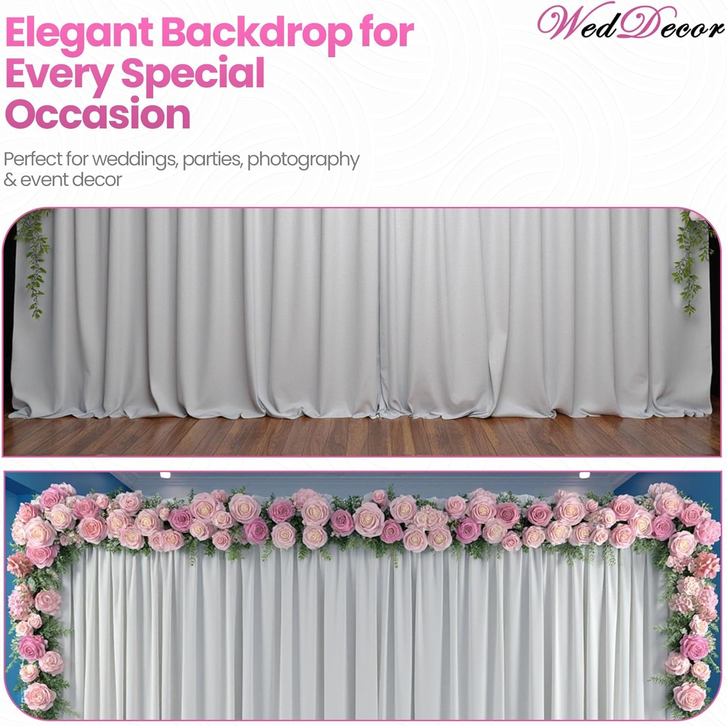 Pleated White Silk Backdrops Decorative Curtain Background 150GSM Fabric Backdrop for Christmas, Weddings, Parties, Events, Photography, 3 Metres X 6 Metres