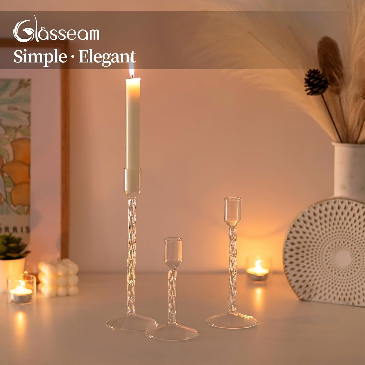 Glass Candle Sticks Holder Tall: Taper Candle Holder Set of 3 Decorative Candlesticks Clear Candle Holders for Living Room Modern Candlestick Holders for Home Wedding Centrepiece Decoration