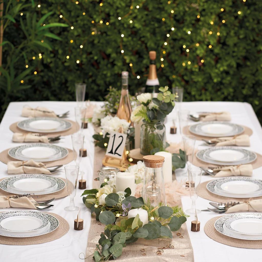 40 Premium White Plastic Plates with Silver Lace Rim - 20 Dinner and 20 Dessert Plates - Elegant & Reusable Party Tableware for Weddings, Birthdays, Picnic, Parties