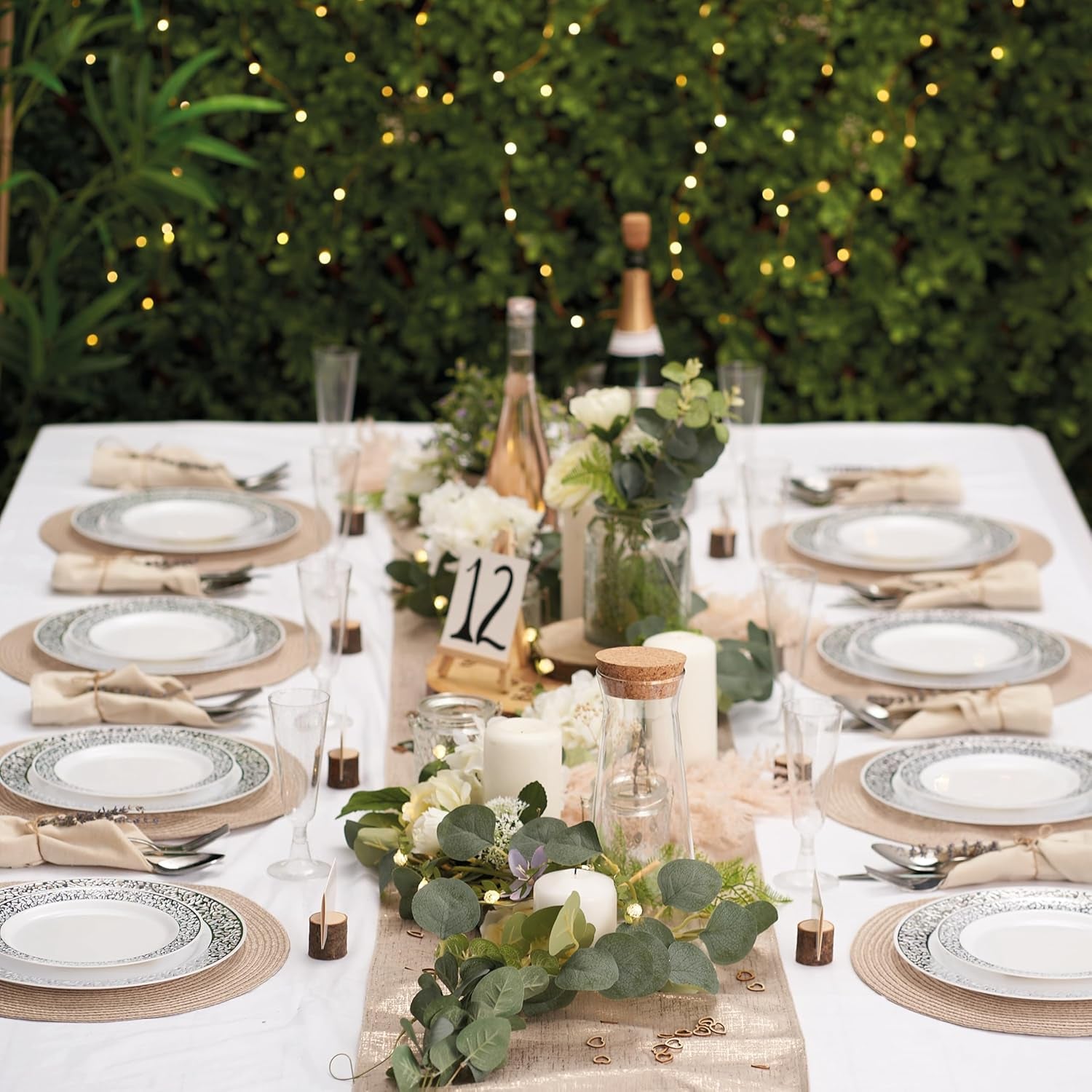 40 Premium White Plastic Plates with Silver Lace Rim - 20 Dinner and 20 Dessert Plates - Elegant & Reusable Party Tableware for Weddings, Birthdays, Picnic, Parties