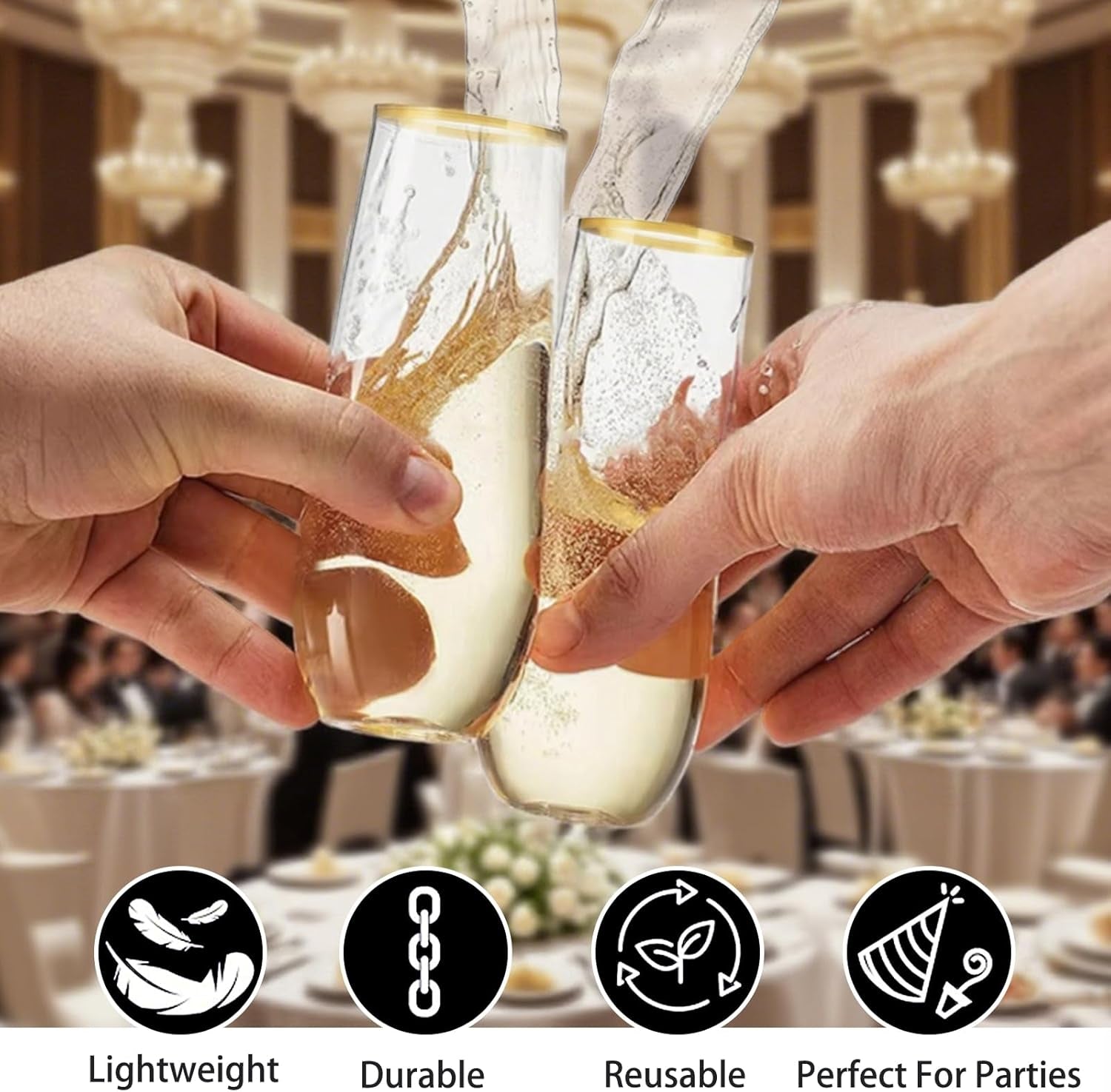 Plastic Champagne Flutes 25 Packs Champagne Flutes Plastic with Gold Rimmed, 270Ml/9.13Oz Stemless Wine Glasses Champagne Glasses for New Year Party Wedding Halloween Christmas Birthday Party