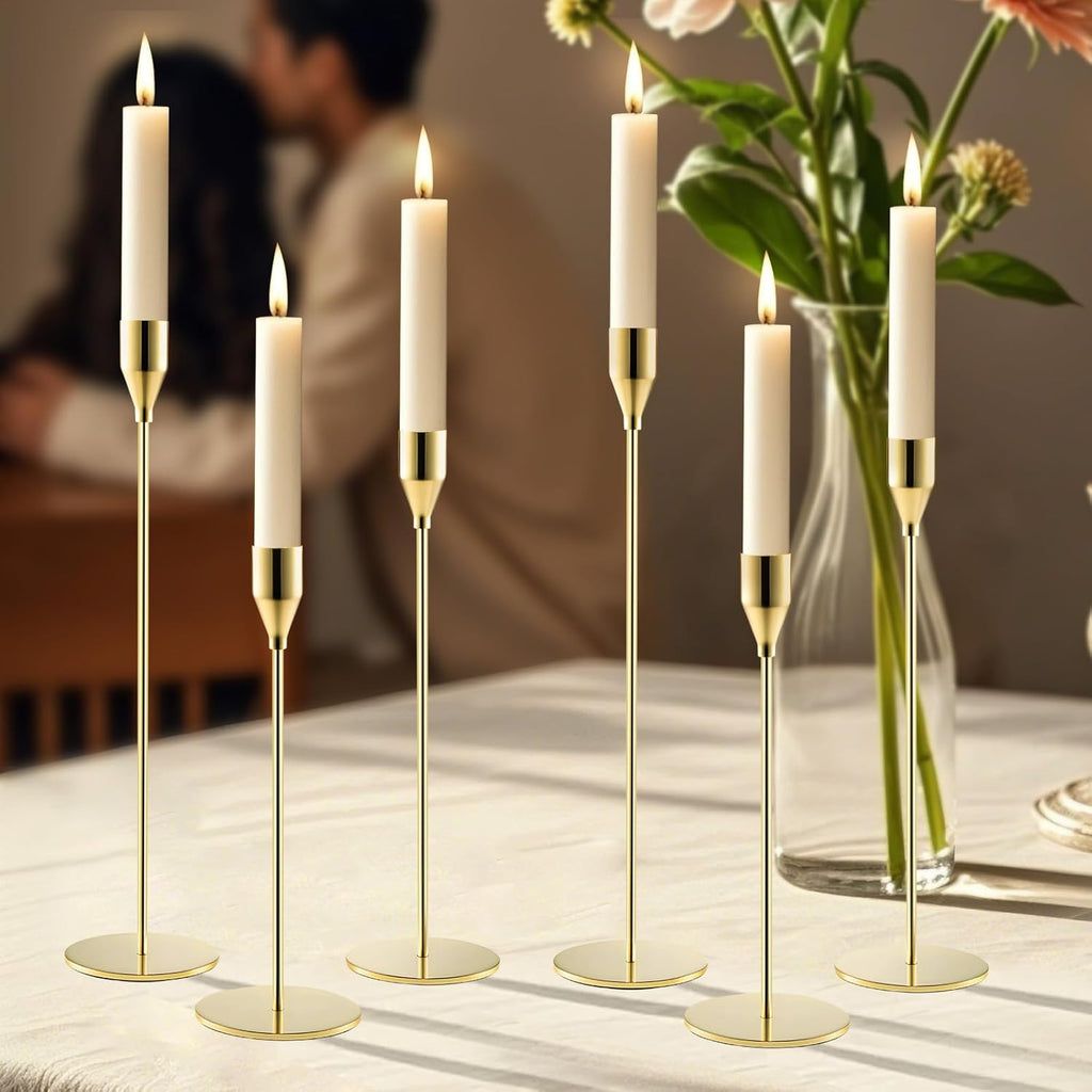 Set of 6 Gold Candlestick Holders for Taper Candles – Elegant Metal Candle Stands for Weddings, Parties & Home Decor (Fits 3/4" Candles) – Tall & Short Candle Holders
