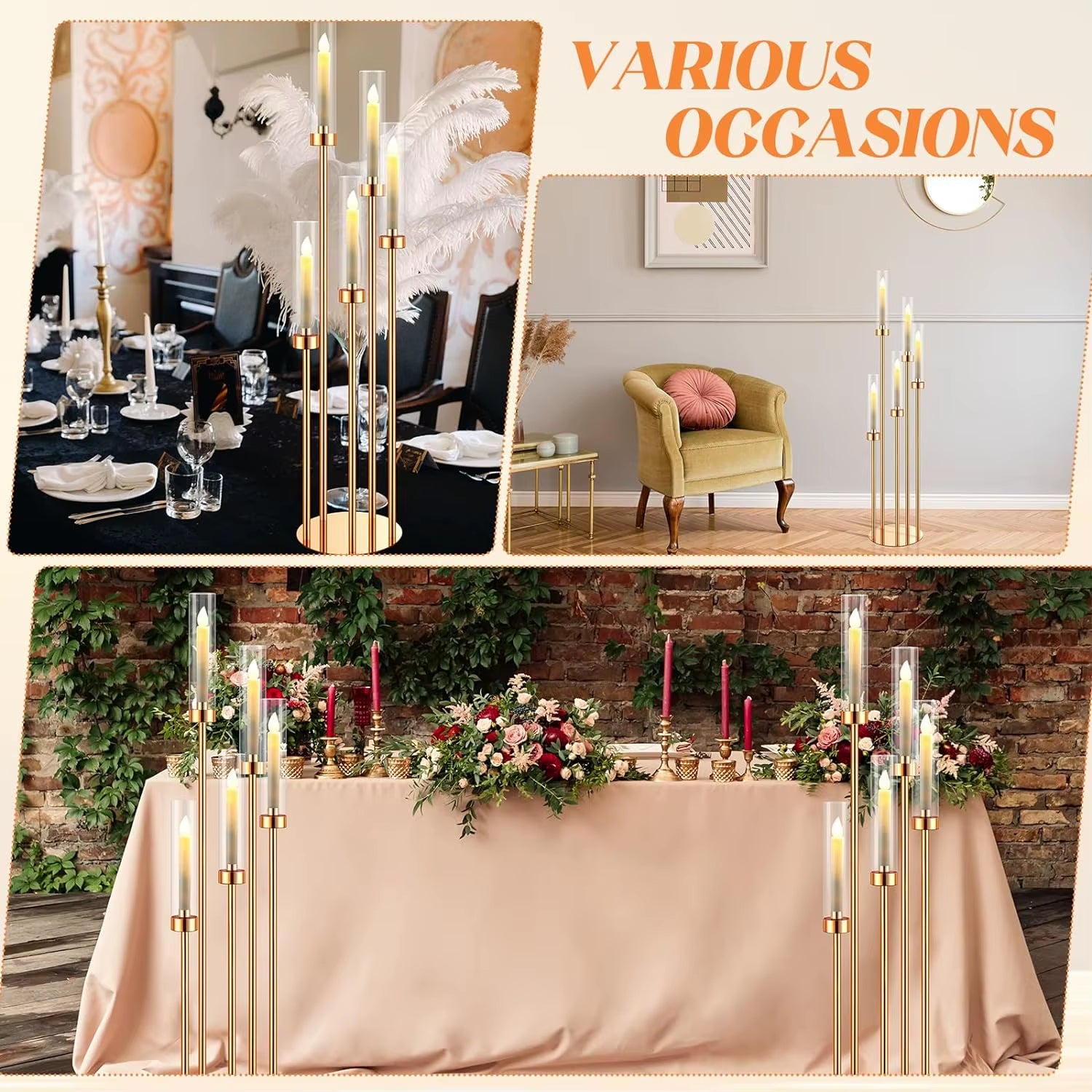 5-Arm Floor Candelabra - 42.5'' Tall Gold Candle Holder, Elegant Metal Centerpiece with Acrylic Accents
