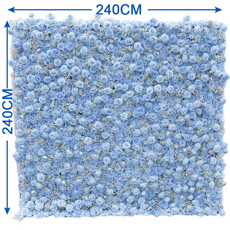 Luxury Blue Series Rose Hydrangea Babysbreath 5D Roll up Cloth Flower Wall Wedding Backdrop Milan Turf Plant Wall Event Props