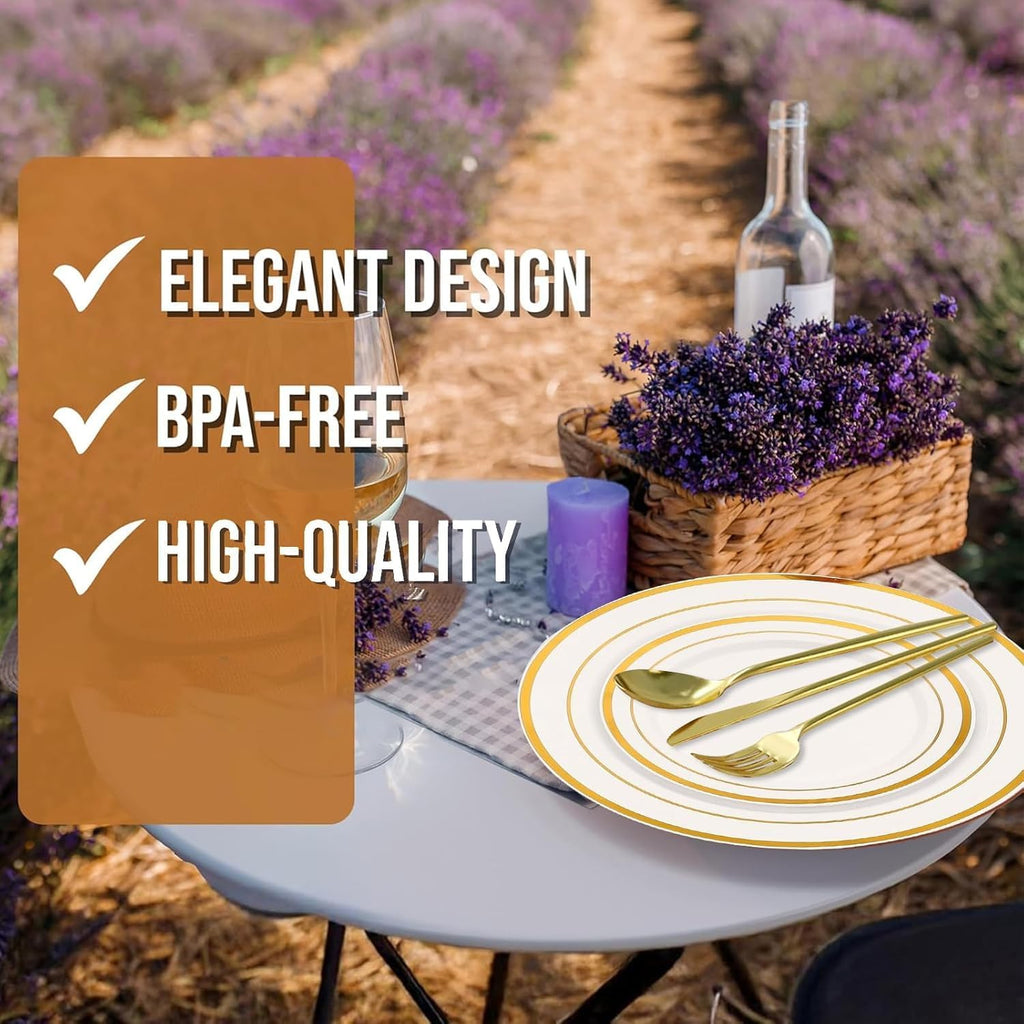 25 Guests Dinnerware Set, 175Pcs Reusable Party Dinner Plates Set, Include: 25 Salad Plates, 25 Dinner Plates, 75 Silverware(25 Forks, Knives, Spoons), 25 Napkins, 25 Cups