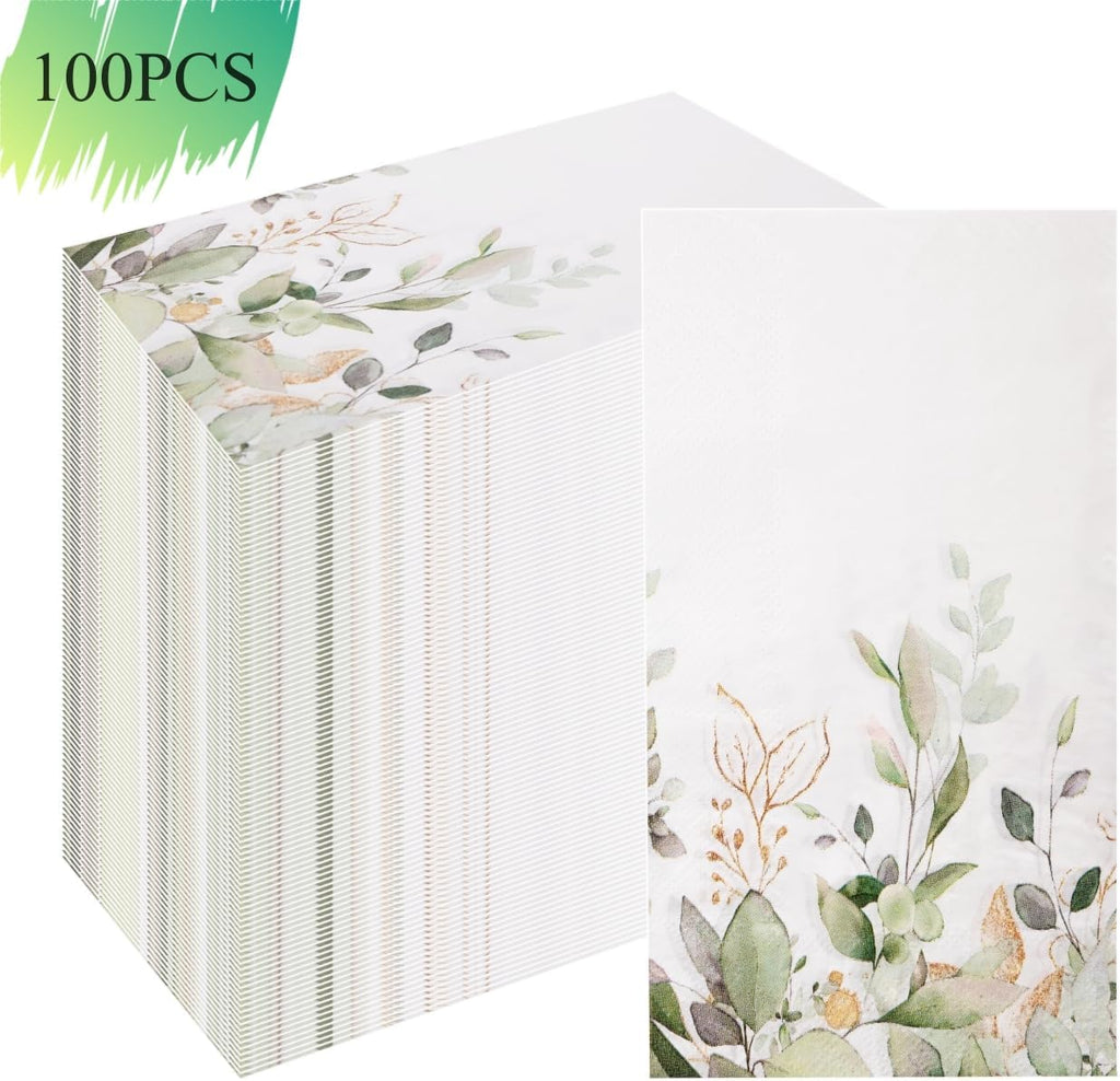 100PCS Sage Green Eucalyptus Napkins - Disposable Paper Serviettes with Greenery Print - Extra Large 40X33Cm Guest Towels for Party Decoration