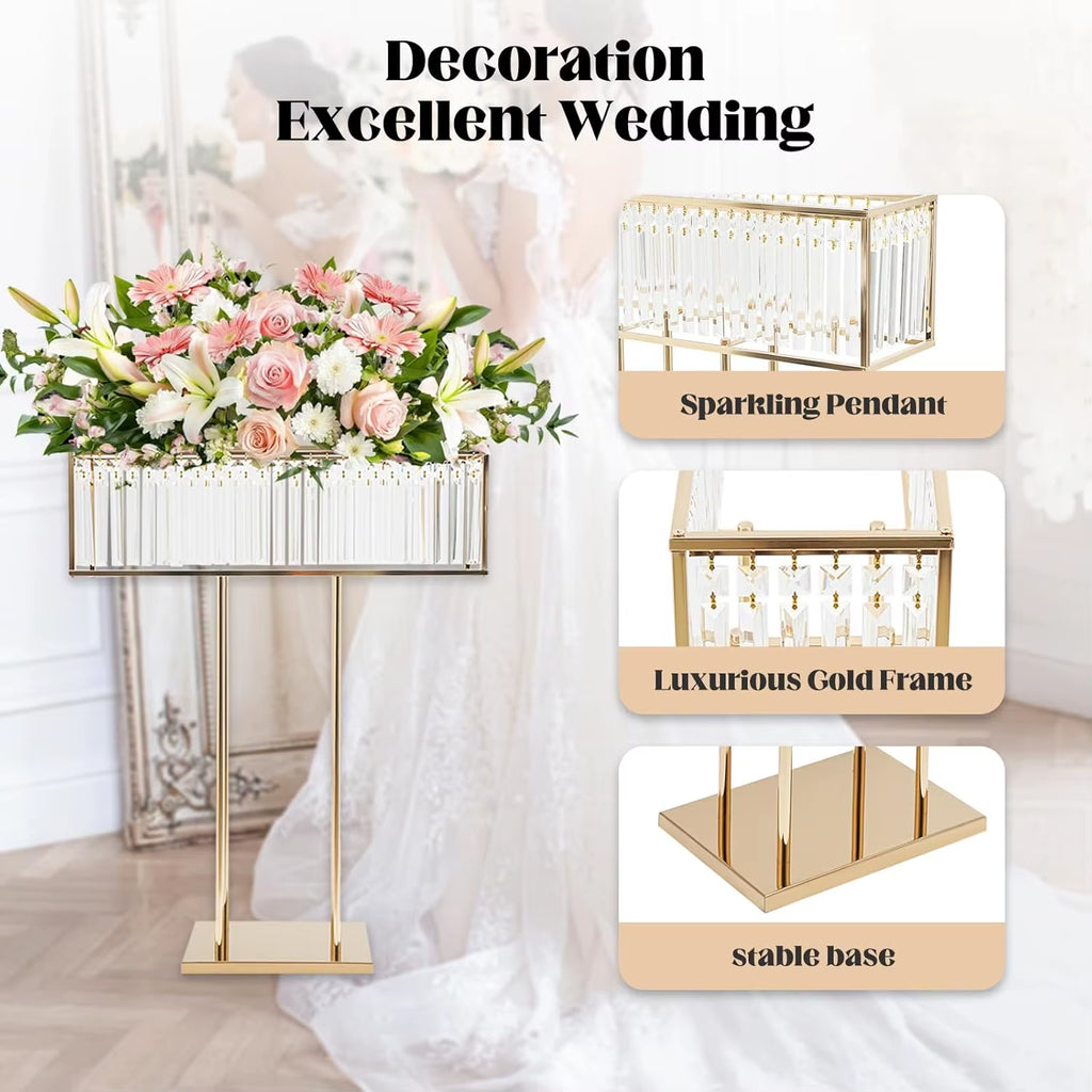 Elegant Acrylic Flower Stand with Gold Metal Base and Sparkling Pendant for Wedding and Event Decor
