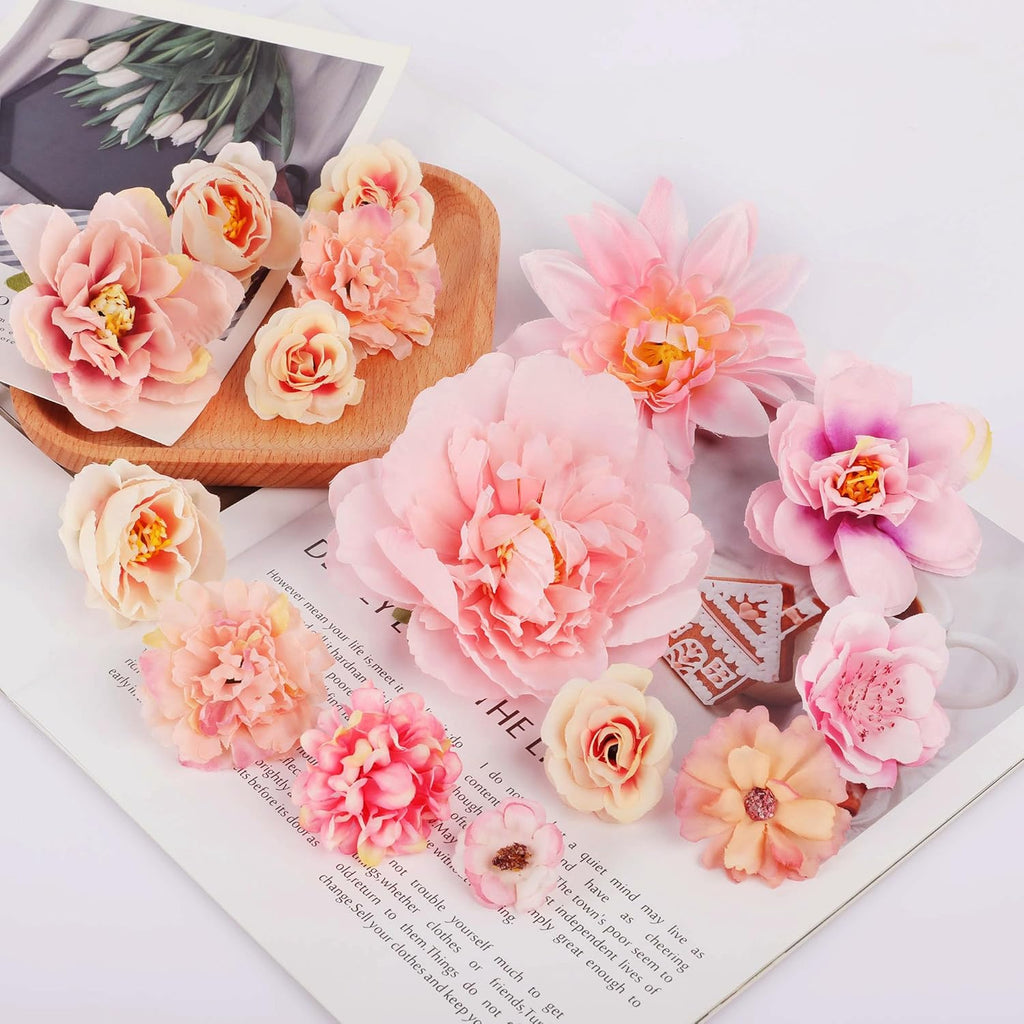 30 PCS Artificial Flowers Heads for Decoraiton, Faux Flower Heads for Cake Decorations Crafting Wedding Party Hair Accessory Home Décor, Pink Peony Roses Hydrangea