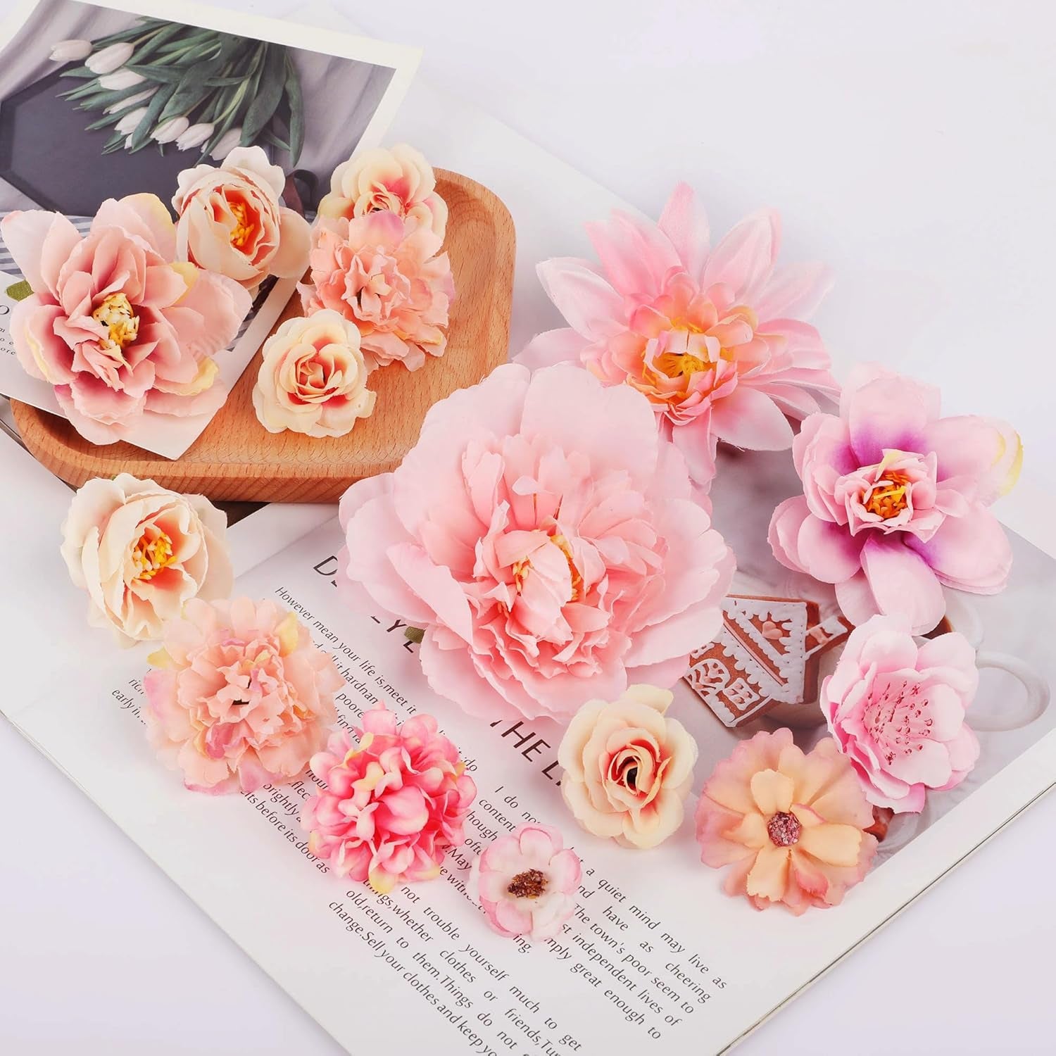 30 PCS Artificial Flowers Heads for Decoraiton, Faux Flower Heads for Cake Decorations Crafting Wedding Party Hair Accessory Home Décor, Pink Peony Roses Hydrangea