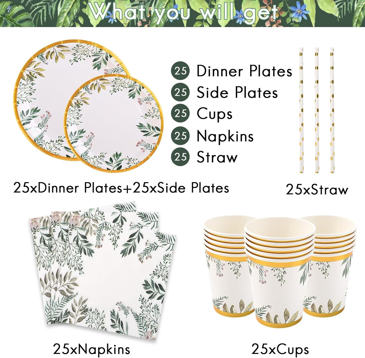 Green Paper Plate Set for 25 Guests, 125PCS Sage Green Gold Party Tableware - 9'' Dinner Plates, 7'' Side Plates, Disposable Cups, Straws, Napkins