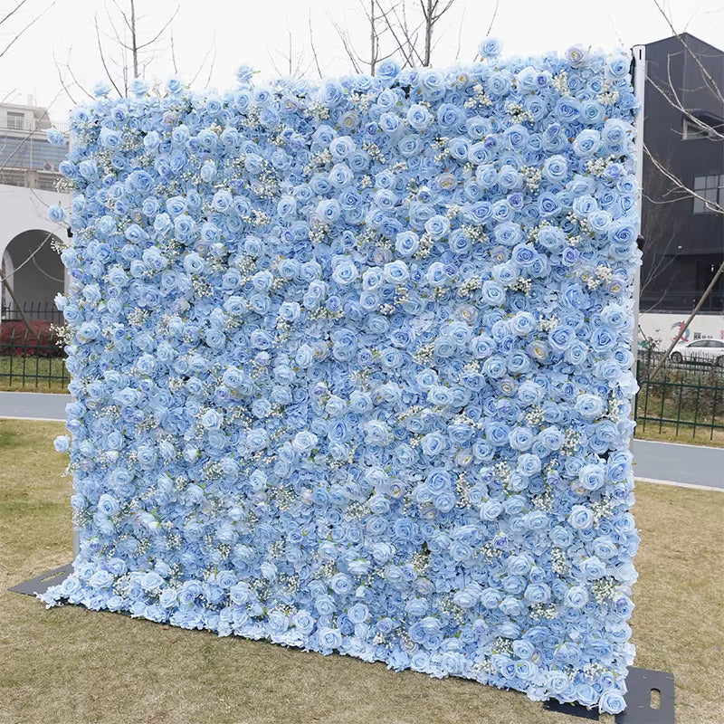 Luxury Blue Series Rose Hydrangea Babysbreath 5D Roll up Cloth Flower Wall Wedding Backdrop Milan Turf Plant Wall Event Props